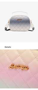 Macro detail of rainbow gradient quilted crossbody bag with golden Luck For You metal logo