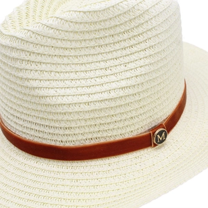 Classic straw cowboy hat in beige with brown velvet band and gold M emblem