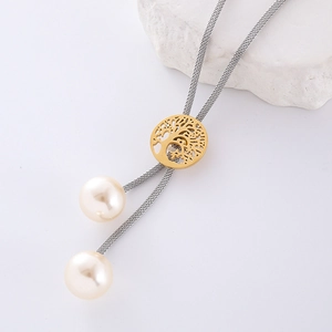 Golden Tree of Life pendant necklace with silver mesh chain and elegant white pearl charms