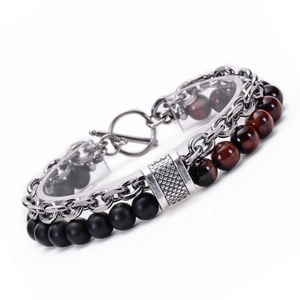 Double-layer bracelet with volcanic stones, tiger eye beads and silver T-bar toggle clasp