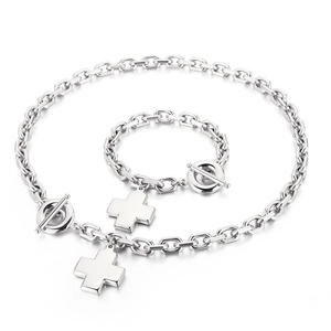 Silver stainless steel OT buckle necklace and bracelet set with cross pendants