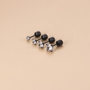 Black stainless steel stud earrings with clear round cubic zirconia in four graduated sizes