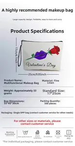 Detail specifications of Valentine's Day linen makeup bag showing 17x25cm dimensions