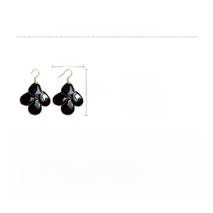 Detail view of layered black teardrop earrings with gold iron hooks and dimensions