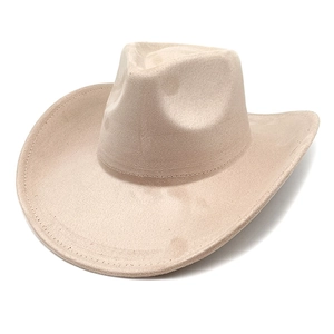 Detail showing the fine stitching on the curved brim of this beige suede cowboy hat