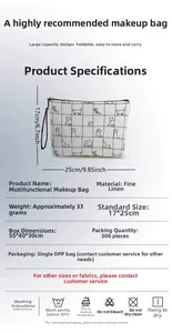 Linen makeup bag with cat patterns and checkered print showing detailed size 17x25cm