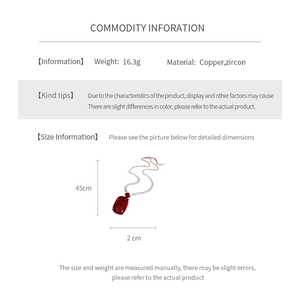 Detailed size and material specification chart for the square red zircon necklace