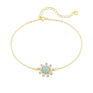 Elegant gold S925 silver sunflower bracelet with turquoise bead and clear crystal accents