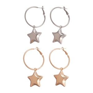Geometric round hoop earrings with 3D star charms in polished silver and rose gold