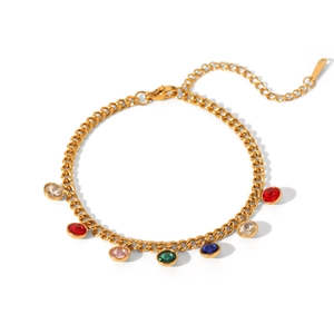 Détail du bracelet en acier inoxydable doré avec des pendentifs ronds en zircon coloré