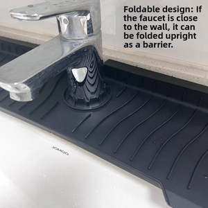 Black silicone faucet mat detail showing reserved folding area for splash protection