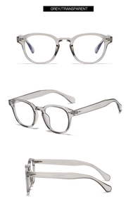 Vue en trois angles de montures optiques rondes gris transparent, modèle E2082 détaillé