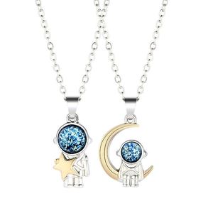 Astronaut couple necklaces with silver chain and gold star moon pendants for lovers