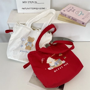 Detail of cartoon bear and puppy embroidery on high-quality canvas tote bags