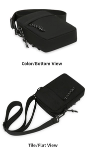 Detail view of the black oxford crossbody bag featuring textured fabric and adjustable strap