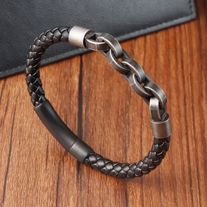 Men Woven Leather Bracelet With Stainless Steel Chain Retro Punk Style Magnetic Clasp Fashion Jewelry For Men
