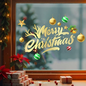 Weihnachts Fensteraufkleber Statisch Haftend PVC Doppelseitig Merry Christmas Goldene Kugeln Sterne Glas Deko Festlich