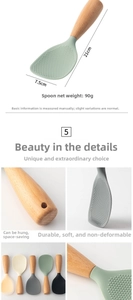 Macro detail of heat-resistant silicone rice paddle with wood handle and non-stick texture