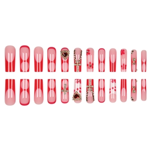 Red French coffin nails with 3D crystal cross and pink floral rhinestone accents