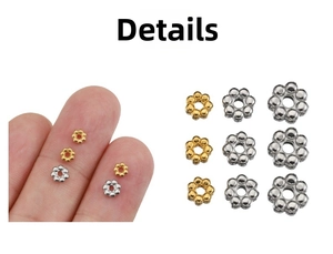 Macro shot of 18k gold plated stainless steel flower spacer beads in various sizes