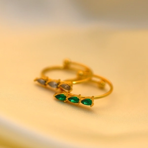French 18K gold-plated stainless steel ring with pear-cut green and white zircons