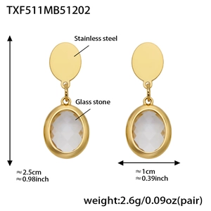 Detailed technical view of 18k gold plated stainless steel glass stone earrings with size labels