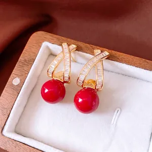 Vintage Elegant Red Bead Drop Earrings 18K Gold Plated Copper With Zircon Cross Design And Silver Earring Post For Women