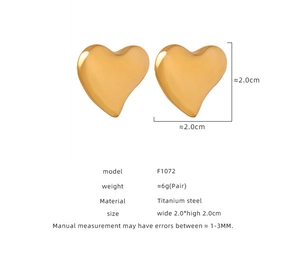 Detailed specs of gold heart-shaped titanium earrings showing size 2cm and 6g weight