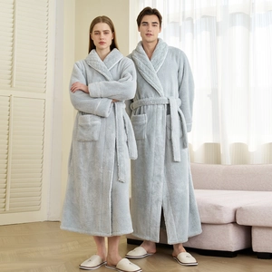 Light blue thickened coral fleece long bathrobe with shawl collar and adjustable waist belt