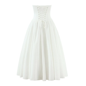 Detail of white corset maxi dress featuring adjustable lace-up back design and flared hem