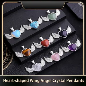 Angel Wings Heart Pendant Necklace Natural Gemstone Amethyst Rose Quartz Alloy Romantic Fashion Jewelry For Women