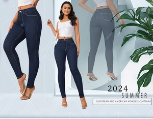 Three-way view of high waist skinny dark blue denim jeans showing fit from multiple angles