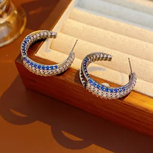 Vintage C-Shape Stud Earrings With Colorful Zircon Micro Pave Copper Jewelry With Silver Earring Post For Women Elegant