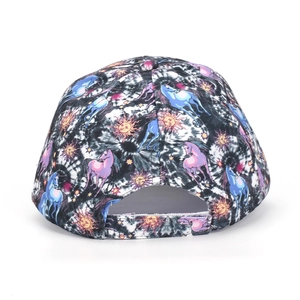 Back view of tie-dye baseball cap featuring colorful unicorn and sun prints with velcro strap