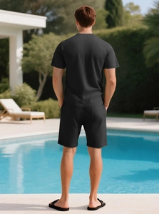 Men's summer waffle knit two-piece set showing back view fit and premium fabric texture