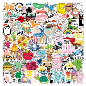 Close-up of colorful waterproof PVC stickers with cute animal and aesthetic designs