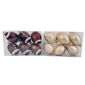 Set of 6 football Christmas ornaments in brown and champagne gold colors with strings