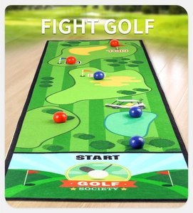 Detailed view of the indoor golf training mat with scoring zones and colorful balls