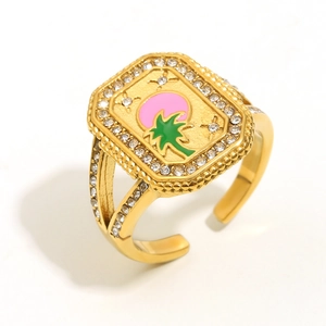 Bague vintage ajustable plaqué or 18K avec motif de cocotier et lune rose pour femme