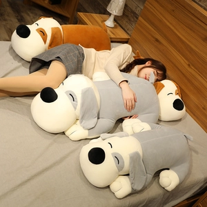 Close-up of soft plush dog body pillow covers in various colors for home decor