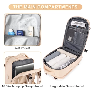 Detail view of large main compartment and 15.6 inch laptop sleeve in beige travel backpack