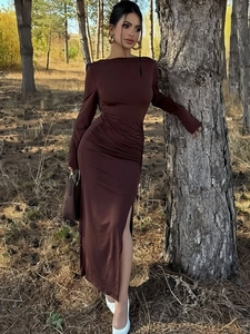 Slim fit chocolate brown long sleeve maxi dress with ruched side and elegant high slit