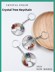 Detailed close-up of Tree of Life keychains with colorful natural chakra crystal stones