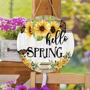 Hello Spring Welcome Door Sign Round Wood Plaque Sunflower Butterfly Farmhouse Rustic Wall Decor Hanging Ornament