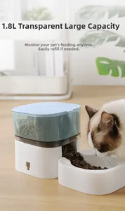 Detail of 1.8L automatic pet feeder with translucent blue lid and cat eating