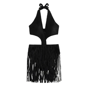 Maillot de bain une pièce noir dos nu avec col en V profond, découpes et longues franges