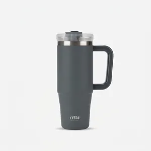 Detail view of TYESO 40oz stainless steel tumbler with ergonomic handle and spill-proof lid