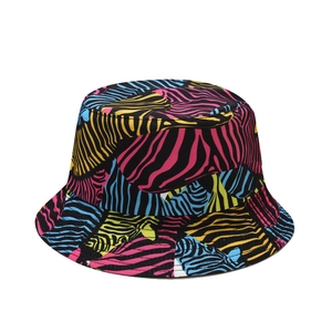 Outdoor bucket hat with vibrant colorful zebra print, reversible double-sided design
