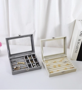 Detail of velvet jewelry box with glass lid and metal latch for rings and necklaces