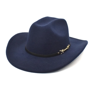Classic navy blue wool fedora hat with a black leather band and gold buckle detail